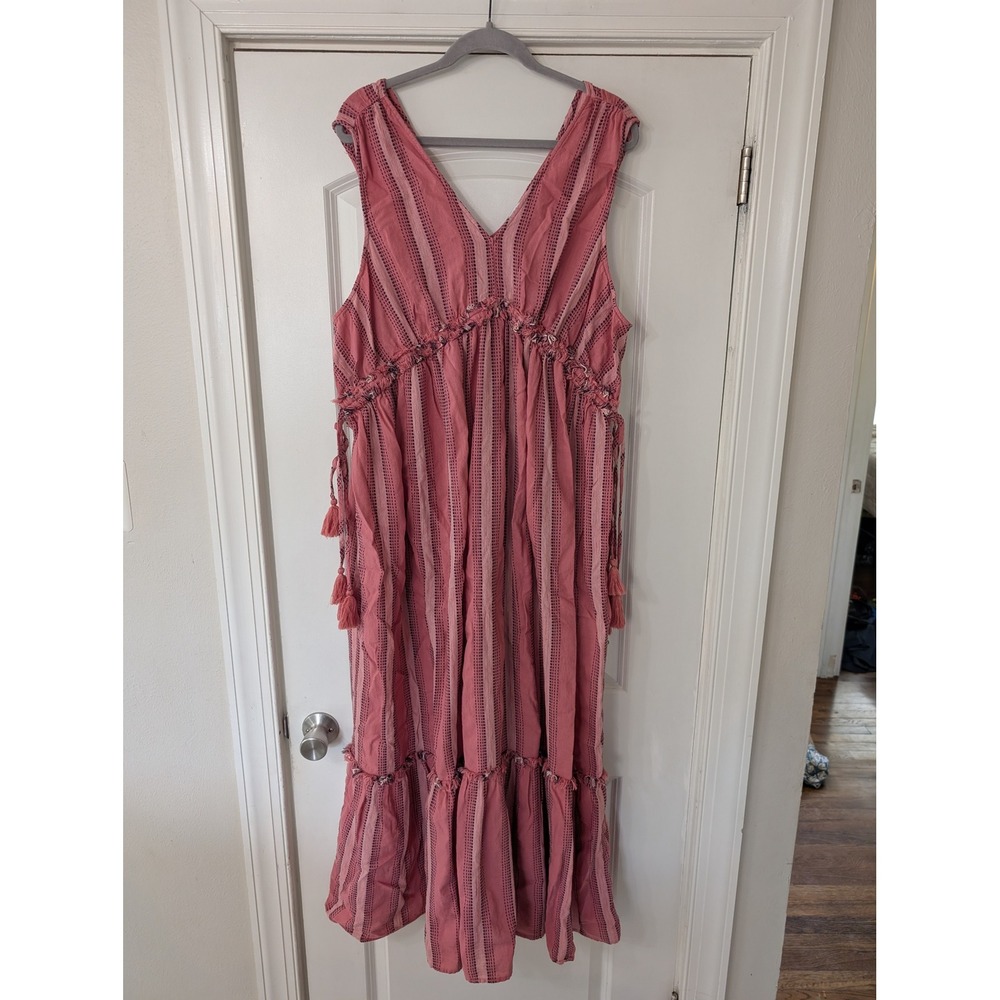 True Craft Pink Striped‎ Cotton Maxi Dress V-Neck Tiered Tassel Plus Size 3X